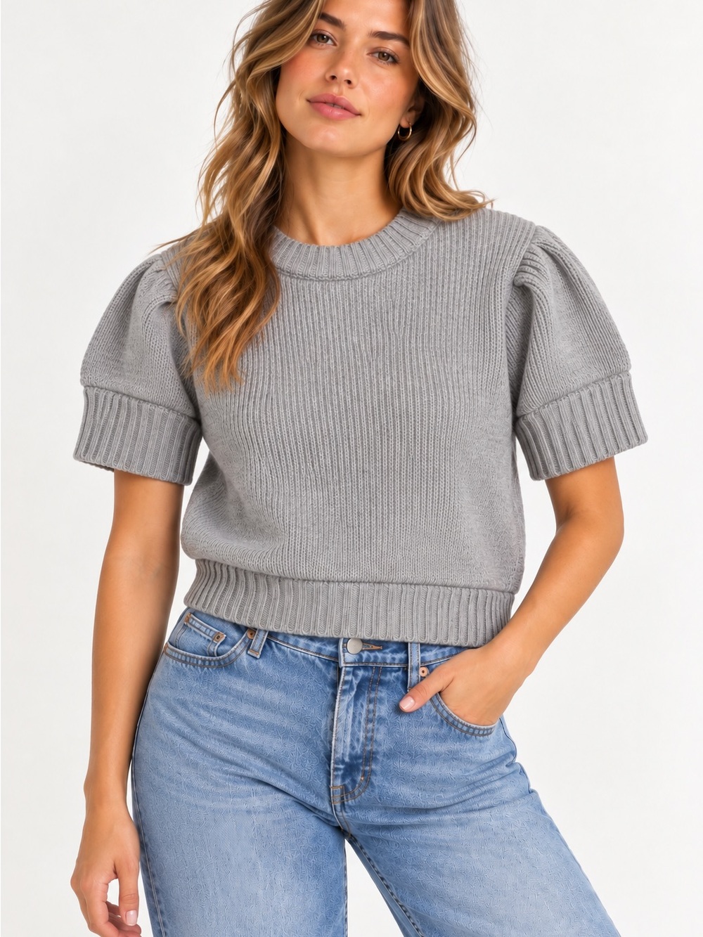 H&M Gray Puff Sleeve Cropped Knit Sweater Medium NWOT